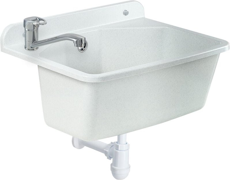 Gospo Ausgussbecken mit Armatur, Siphon, 46 x 37 x 20 cm, Waschbecken aus Kunststoff, Waschtrog für