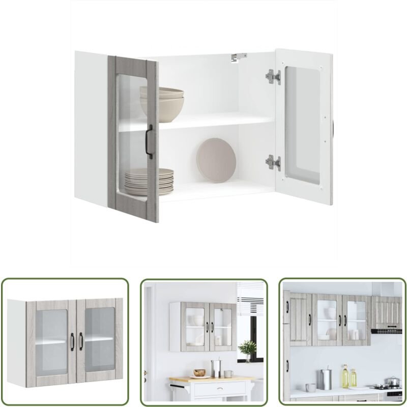 The Living Store - vidaXL Küchen-Hängeschrank mit Glastür Lucca Grau Sonoma Holzwerkstoff