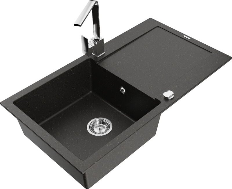 Leo 1 Becken-Granitspüle mit Abtropffl√§che und Mischbatterie Rita, Schwarz/Gold metallisch - 6501-75-670300-00 - Mexen