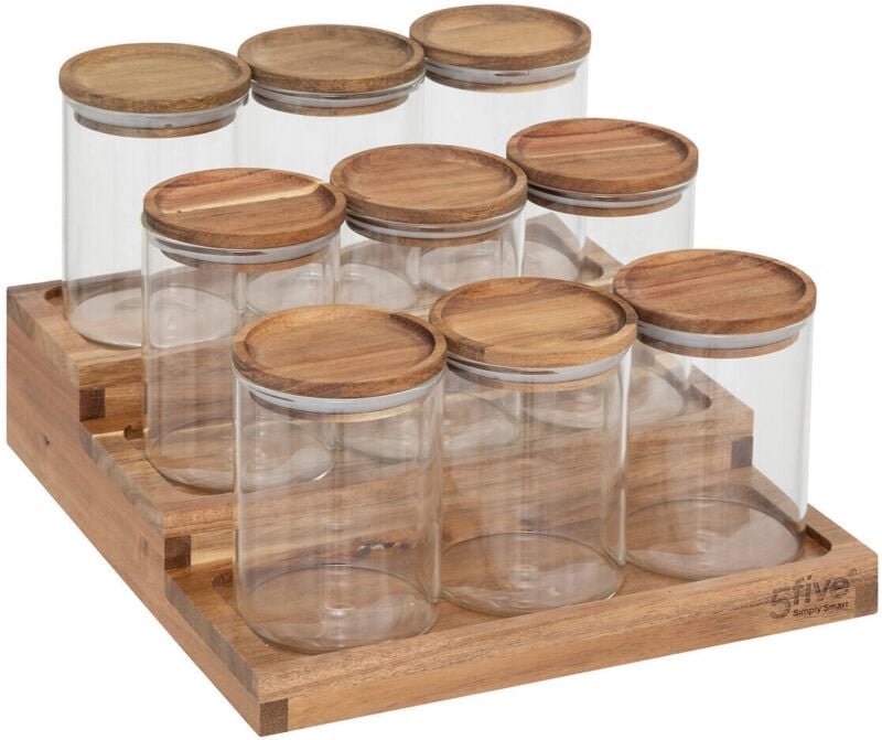5five Simply Smart - Glasbehälter für Gewürze auf dem Holzregal harmony, 180 ml, 9er-Set