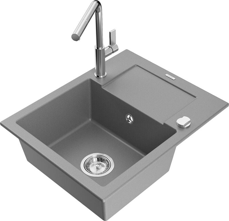 Mexen Enzo 1 Becken-Granitspüle mit Abtropffläche und Mischbatterie Flora, Grau - 6506-71-670401-00