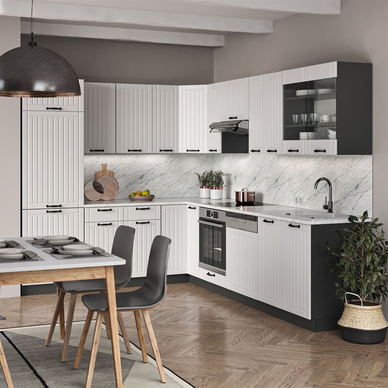 Vicco - Eckküche Fame-Line, Weiß Landhaus/Anthrazit, 227 x 287 cm , ap Anthrazit