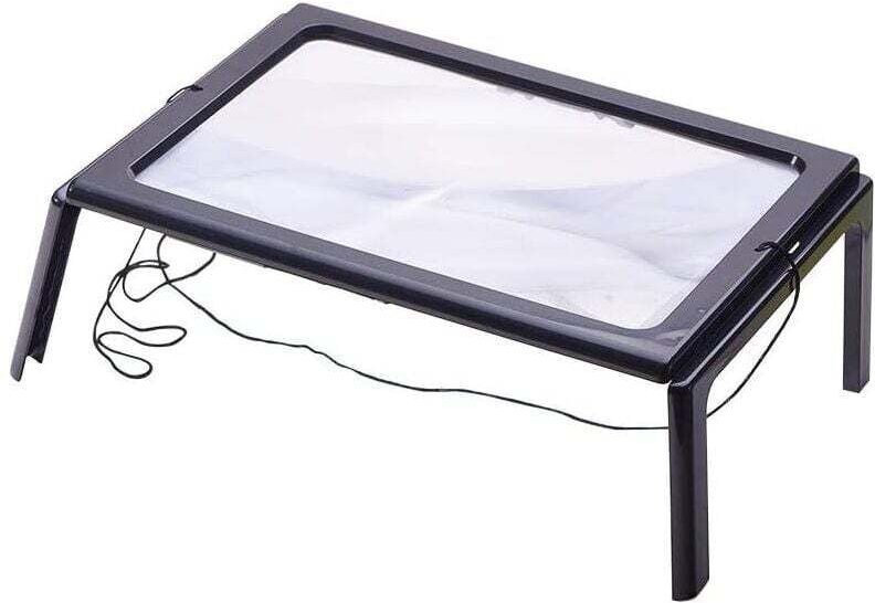 Leselupe mit 4 LED-Leuchten, 3-fache Vergrößerung Beleuchtung Rechteckige A4-Lupe mit Ständer Lupenlampe