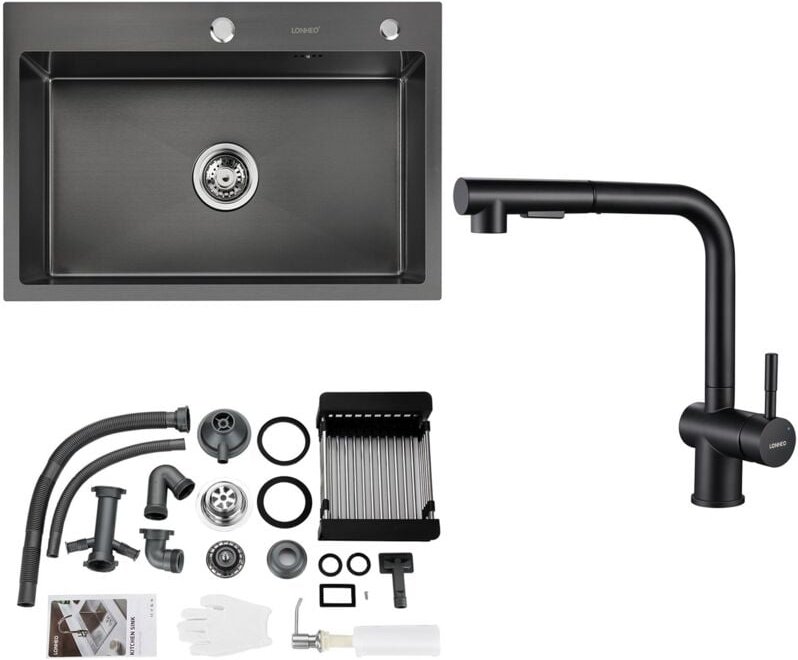 Lonheo Edelstahl Küchenspüle + Hochdruck Ausziehbare Küchenarmatur, 68 x 45 cm Einbauspüle, große Küchenspüle, inkl. Sei...