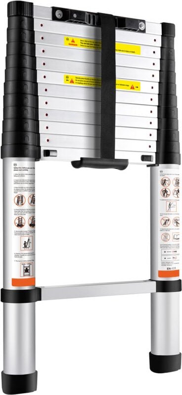 Mophorn 12,5 Fuß lange Teleskopleiter aus Aluminium, Ein-Knopf-Einzug, 375 Pfund Tragkraft, rutschfeste Füße, tragbare z...