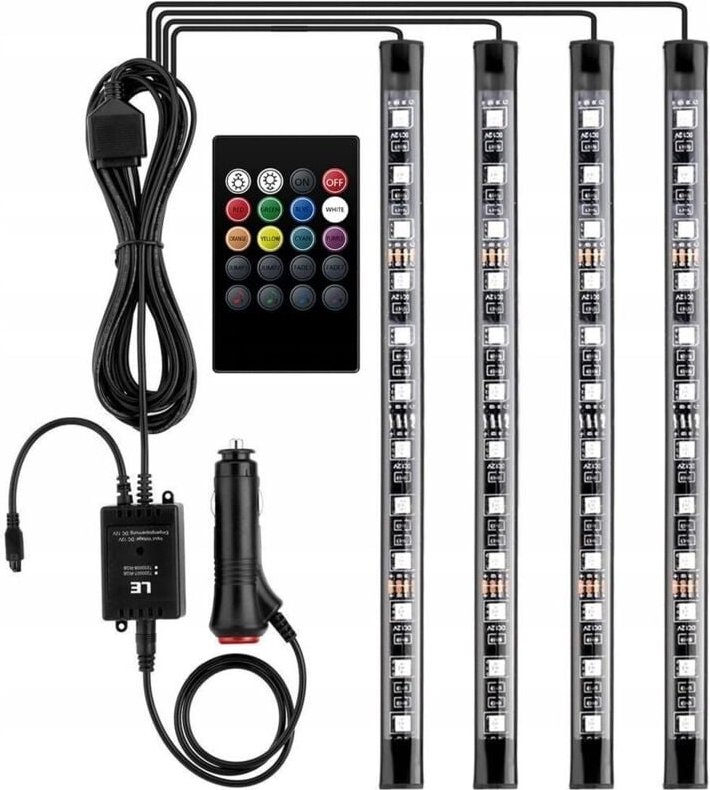 12V LED Auto-Innenbeleuchtung mit 4 Stück 48 RGB, 3m mehrfarbige Auto-LED-Lichtstreifen, steuerbare Lichtleiste mit Fern...