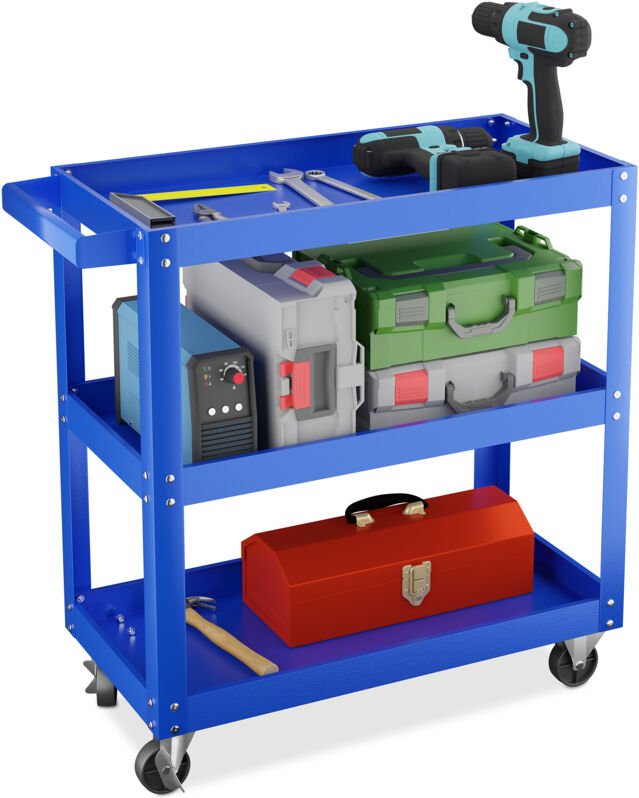 Thumbnail - Relaxdays Werkstattwagen, Werkzeugwagen mit 3 Ebenen, mobiler Montagewagen, bis 100 kg belastbar, HBT: 76x78x35 cm, blau