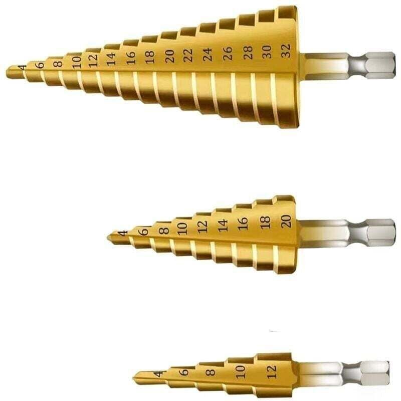 Thumbnail - Ulisem3PCS Stufenbohrer, dreieckiger konischer Stufenbohrer aus Titan, 4-12/20/32 mm, zum Bohren mit Schraubendreher in ...