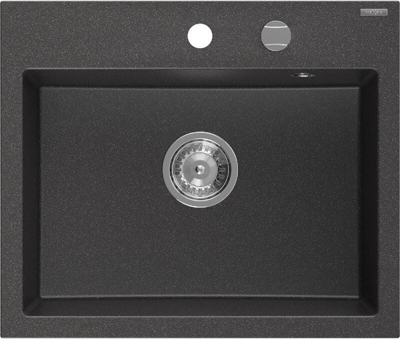 Oscar Granitspüle 1-beckig 580 x 490 mm, schwarz gesprenkelt, Chrom-Siphon - 6519581000-76 - Mexen