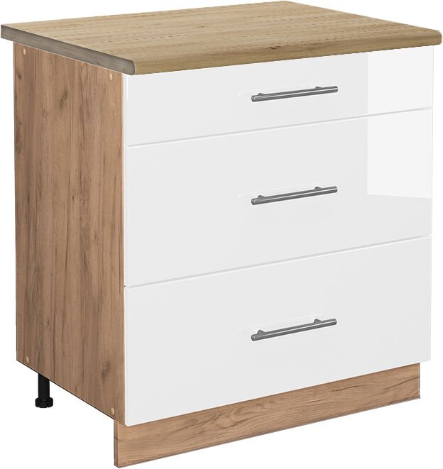 Vicco - Küchenunterschrank Fame-Line, Weiß Hochglanz, 80 cm mit 3 Schubladen, ap Eiche