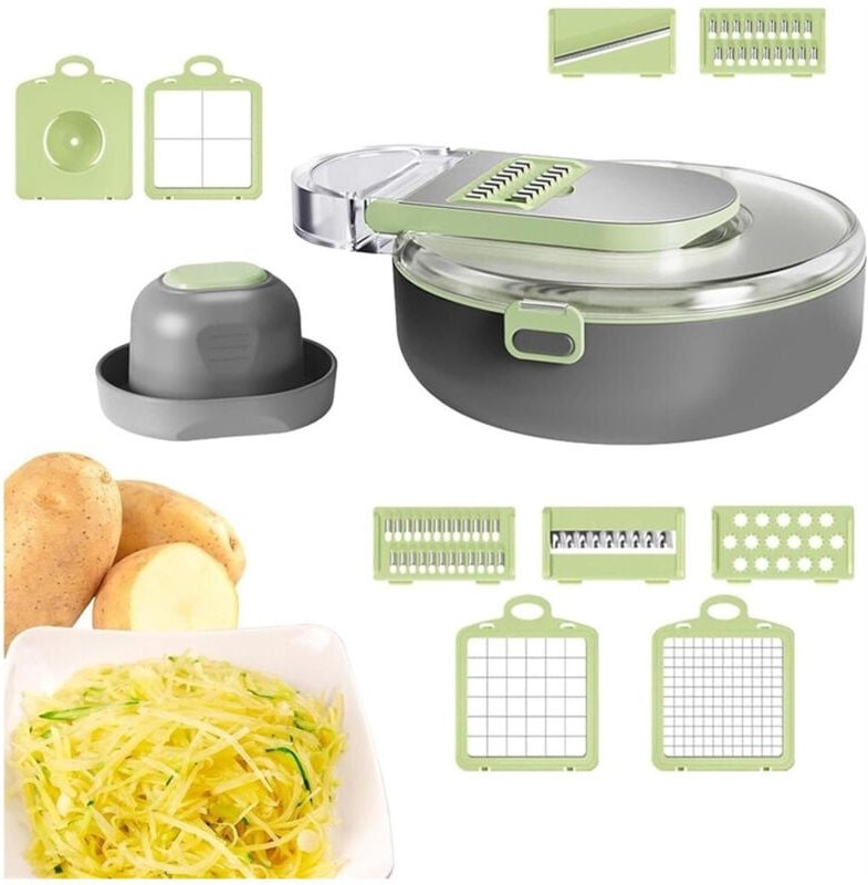 Trade Shop - AFFETTATRICE 9IN1 TRITATUTTO PORTATILE IN ACCIAIO CON CESTELLO SCOLAPIATTI MULTIFUNZIONALE -