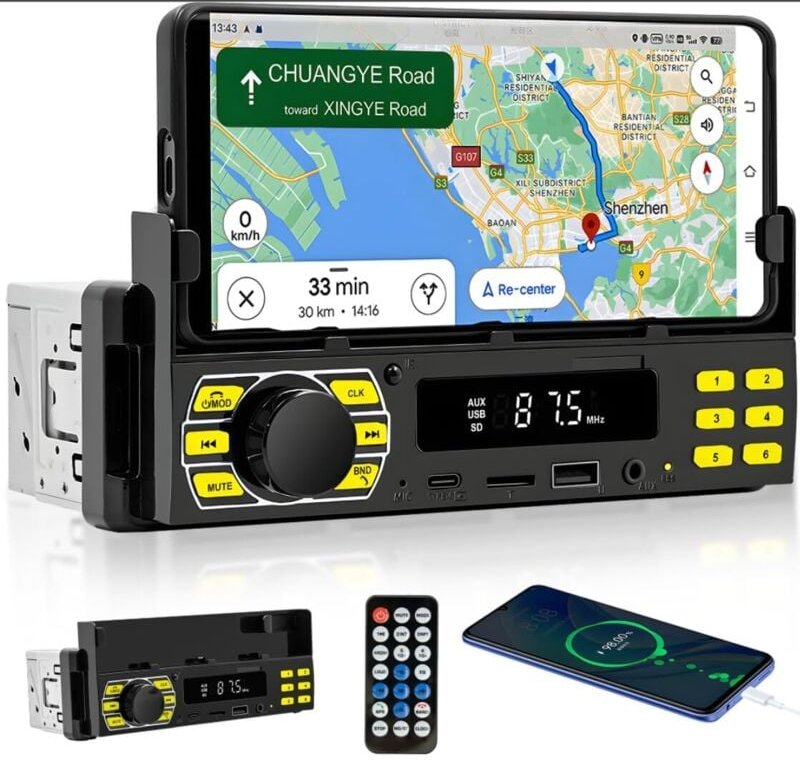 1-Din-Bluetooth-Autoradio mit Handyhalterung, Autoradio mit Bluetooth, Freisprecheinrichtung, FM-Radio/USB/TF/Aux/7 Farb...