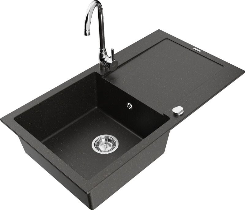 Leo 1 Becken-Granitspüle mit Abtropffl√§che und Mischbatterie Telma, Schwarz/Gold metallisch - 6501-75-670200-00 - Mexen