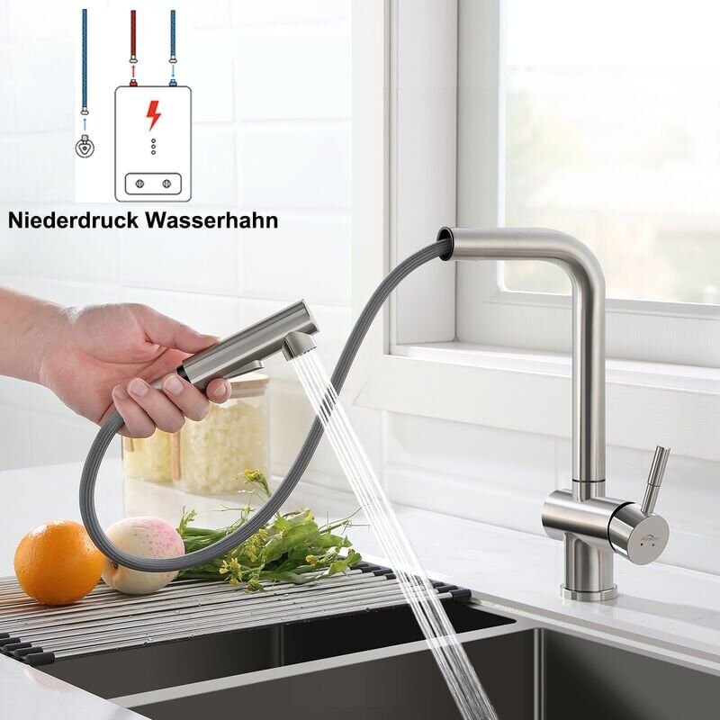 Niederdruck Küchenarmatur, ausziehbar Wasserhahn Küche, Einhebelmischer 360° Drehbar, Spültischarmatur Küche aus Edelsta...
