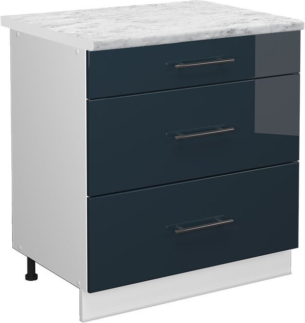 Vicco - Küchenschränke Fame-Line, Dunkelblau Hochglanz, 80 cm mit 3 Schubladen, ap Marmor