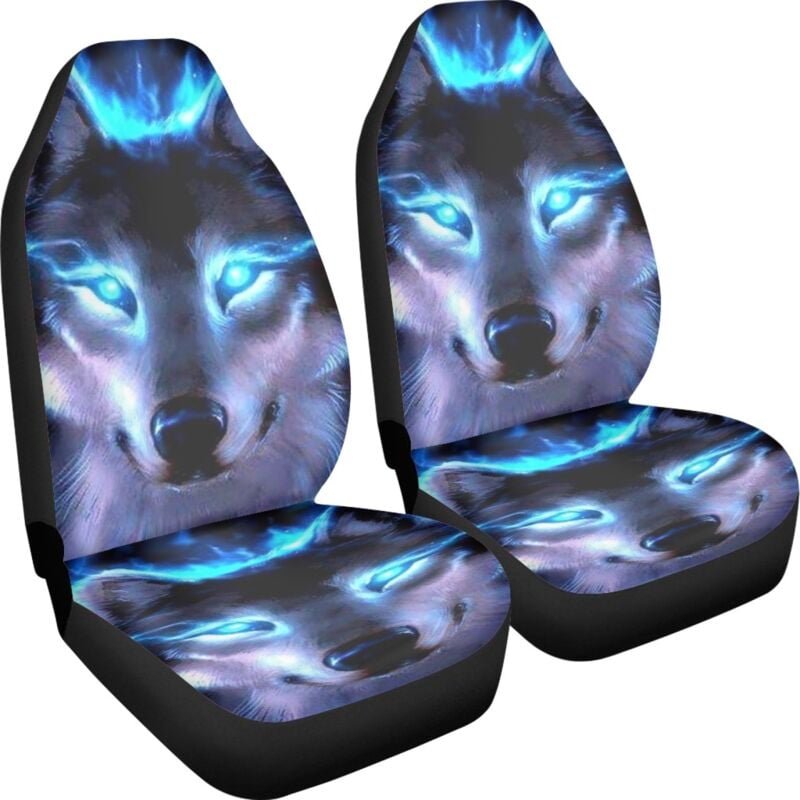 Thumbnail - Neonblauer Wolf-Autositzbezug, 2er-Set, für Damen und Herren, Innendekorationszubehör mit Wolf-Aufdruck, universell für ...