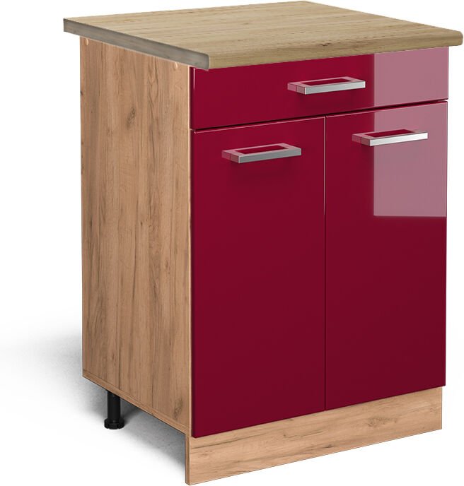 Küchenunterschrank R-Line, Bordeaux Hochglanz, 60 cm mit Schublade, ap Eiche Vicco