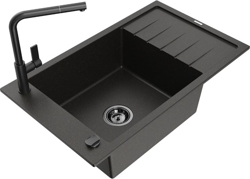 Elias 1 Becken-Granitspüle mit Abtropffläche und Mischbatterie Flora, Schwarz/Gold metallisch - Mexen