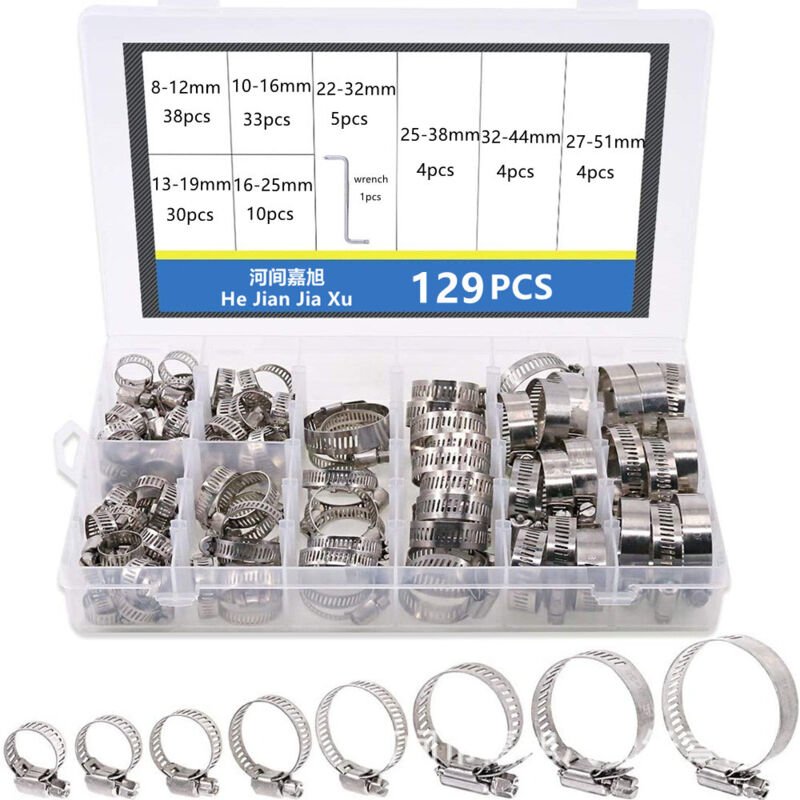 6-12mm-27-51mm Edelstahl verstellbare Schlauchschellen Gasschlauch Hoop 129-teiliges Box-Set