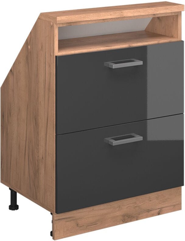 Dachschrägenschrank Rion, Anthrazit Hochglanz/Goldkraft Eiche, mit 2 Schubladen, Vicco