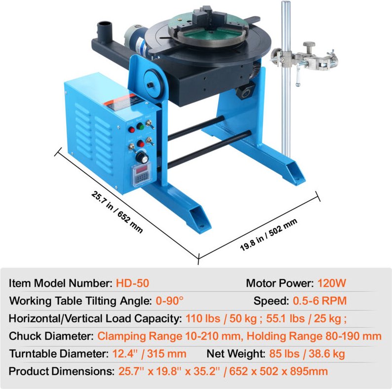 Morphron 50KG Drehschweißpositionierer, 0-90° einstellbarer Drehtisch, 0,5 - 6 U/min, 120 W, 12,4" 3-Keilspannfutter & B...