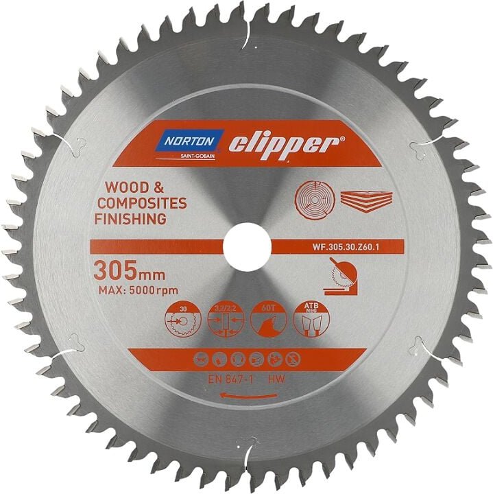 Thumbnail - Hartmetallgeschliffene Klinge de 305 x 3,2/2,2 x 30 Z60 NORTON CLIPPER - 70184608124
