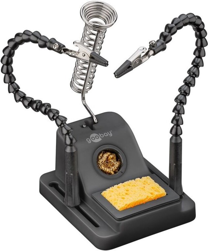 goobay Dritte Hand mit flexiblen Armen und Lötkolbenständer, Lötwerkzeug mit verstellbarer Pinzette, Schwamm und Reinigu...