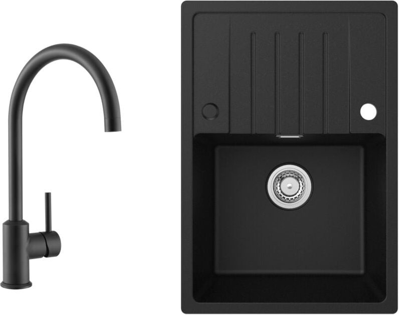 Küchenspüle 65x45cm Granitspüle Anthrazitschwarz Mit Abtropffläche + Hochdruck-Küchenarmatur Schwarz Hohe 363.7MM