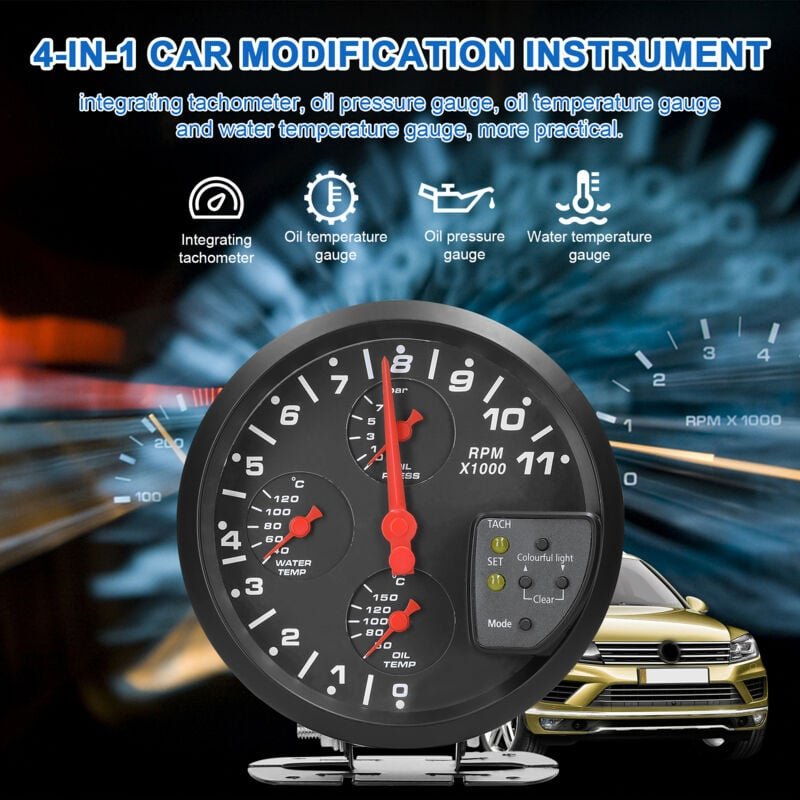 Thumbnail - 4-in-1 5-Zoll-Multifunktionsmessgerät für Autos, Drehzahlmesser, Öldruck, Temperatur, Wasserzähler, Alarmfunktion mit 7-...