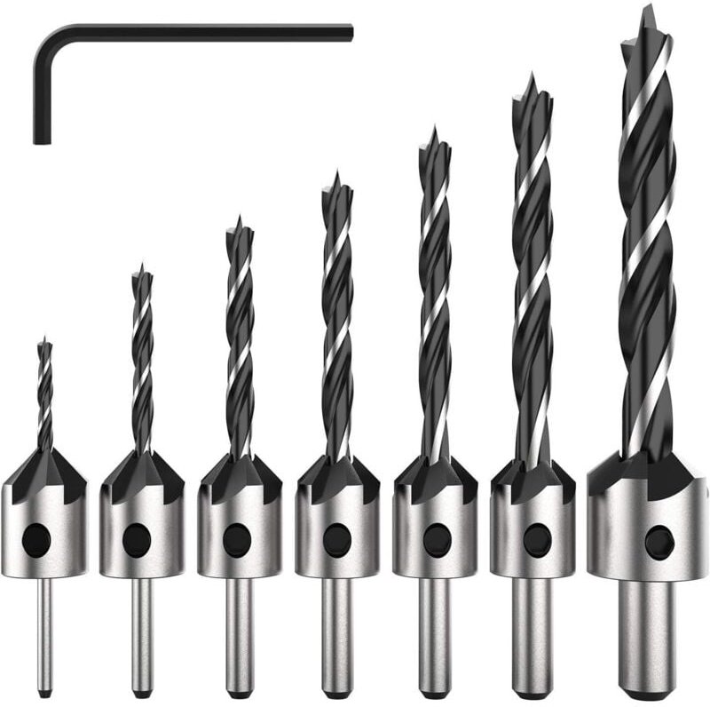 Tonchean - 7-teiliges HSS-Senkbohrer-Set mit 5 Nuten, Senkbohrer für Holzschrauben verschiedener Längen, einfaches Lösen...