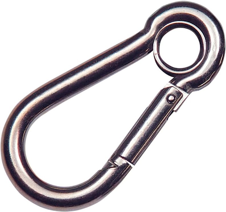 Feuerwehr-Karabinerhaken aus Edelstahl mit Öse. 80 mm. Für den Hausgebrauch.