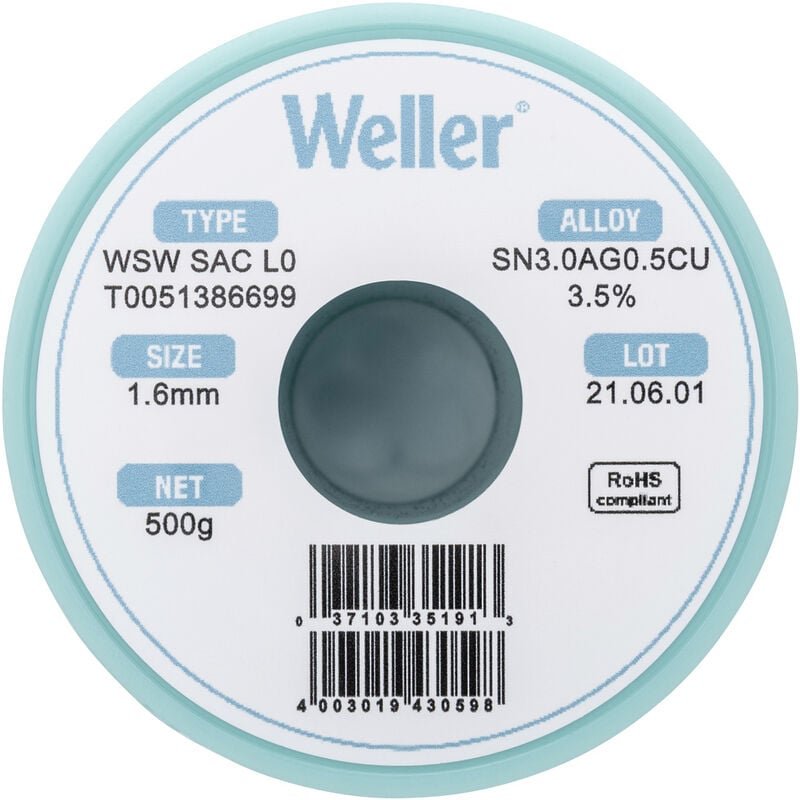 Weller T0051386699 Lötzinn, bleifrei Spule, bleifrei Sn3,0Ag0,5Cu 500 g 1.60 mm