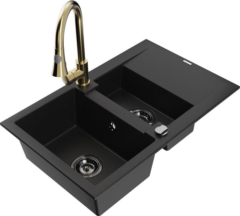 Mexen Gaspar 1,5-Becken-Granitspüle mit Abtropffläche und Mischbatterie Elia, Schwarz - 6507-77-6701