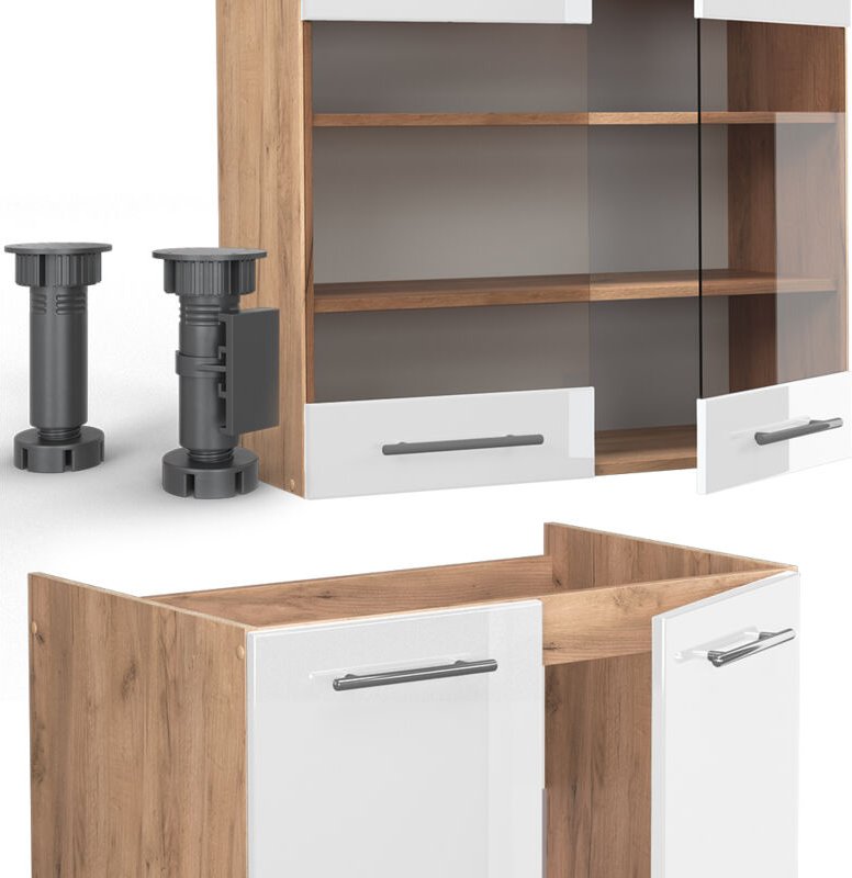 Vicco - Küchenzeile Fame-Line, Weiß Hochglanz/Goldkraft Eiche, 240 cm , ap Anthrazit