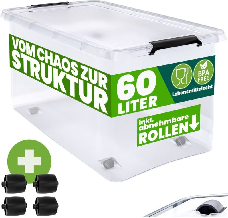 Aufbewahrungsbox transparent Stapelbox Ordnungsbox 30L 60L Deckel aufklappbar stapelbar Rollen bpa frei lebensmittelecht...