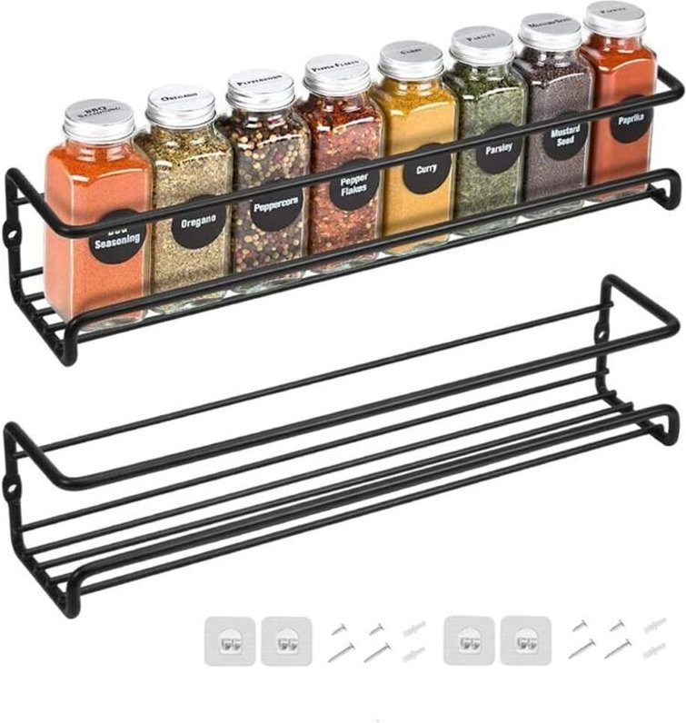2er-Pack Gewürzregale für die Wand aus Metall mit Klebe- oder Schraubbefestigung, Schwarz - Ymyny