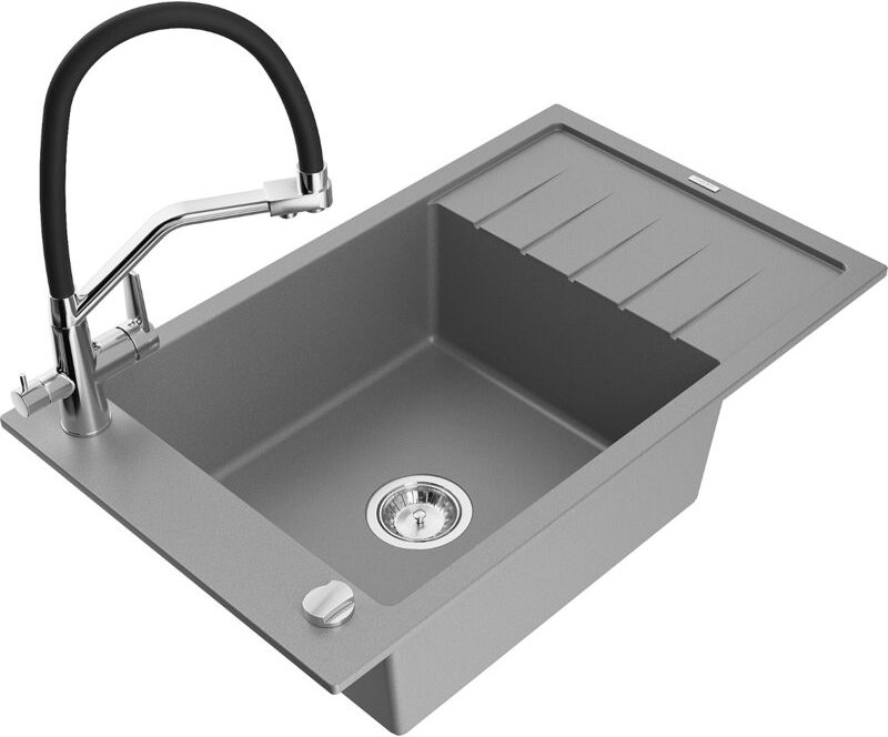 Elias 1 Becken-Granitspüle mit Abtropffläche und Mischbatterie Duo, Grau - 6511-71-671701-07 - Mexen