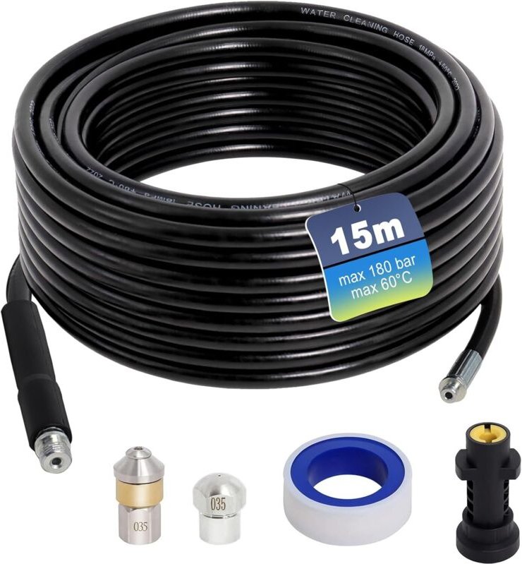 15 m Ablaufschlauch, Karcher Frettchen, kompatibel mit Karcher K2, K3, K4, K5, K6, K7 Hochdruckreiniger, 180 Bar 60 °C