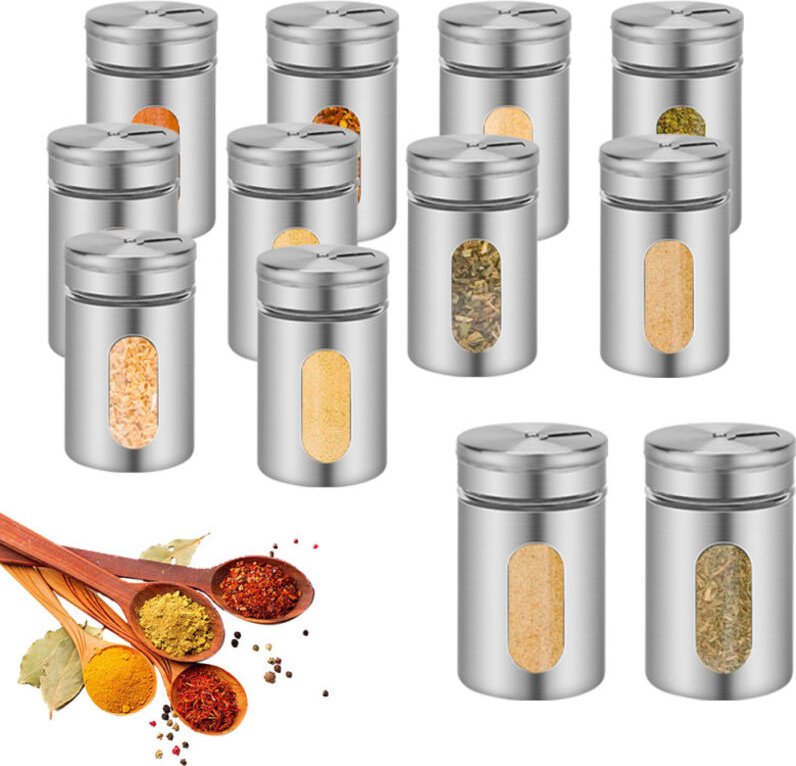 12 tlg Gewürzstreuer Gewürzaufbewahrung. 80ml Glas-Gewürzdosen mit Sichtfenster & 3 fach Streuregulierung zur Aufbewahru...