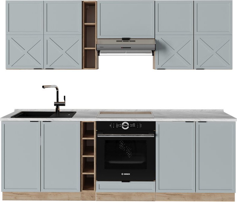 Küchenzeile Fame-Line, Hellblau-grau/Goldkraft Eiche, 235 cm , AP Marmor, Vicco