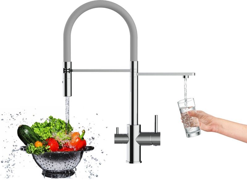 Thumbnail - 3 Wege Wasserhahn Kueche Spueltischarmatur Verchromt Kuechenarmatur mit Grau 360 schwenkbarem Auslauf und abnehmbare 2 s...