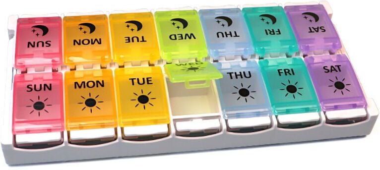 Gabrielle - Pillendose mit Druckknopf, 14 Fächer, leicht zu reinigen, Spender für die Woche morgens und abends, für unte...