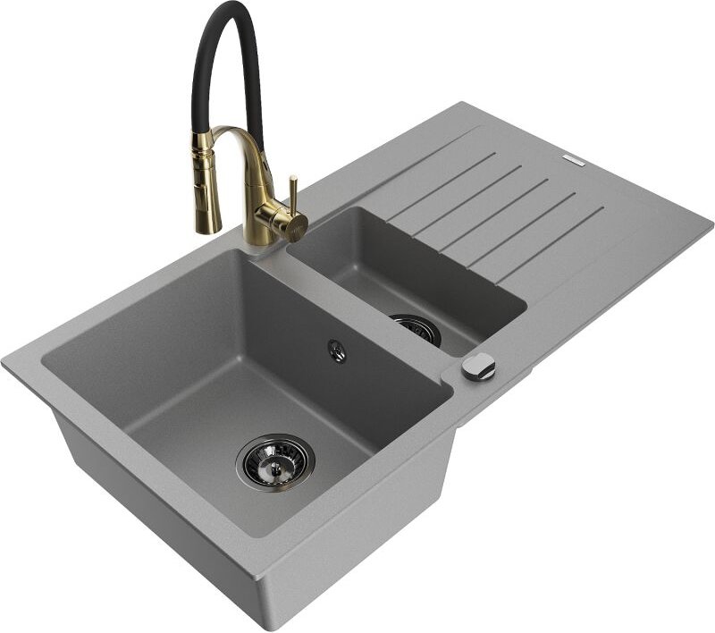 Matias 1,5-Becken-Granitspüle mit Abtropffl√§che und Mischbatterie Aster, Grau - 6502-71-73450-57-B - Mexen