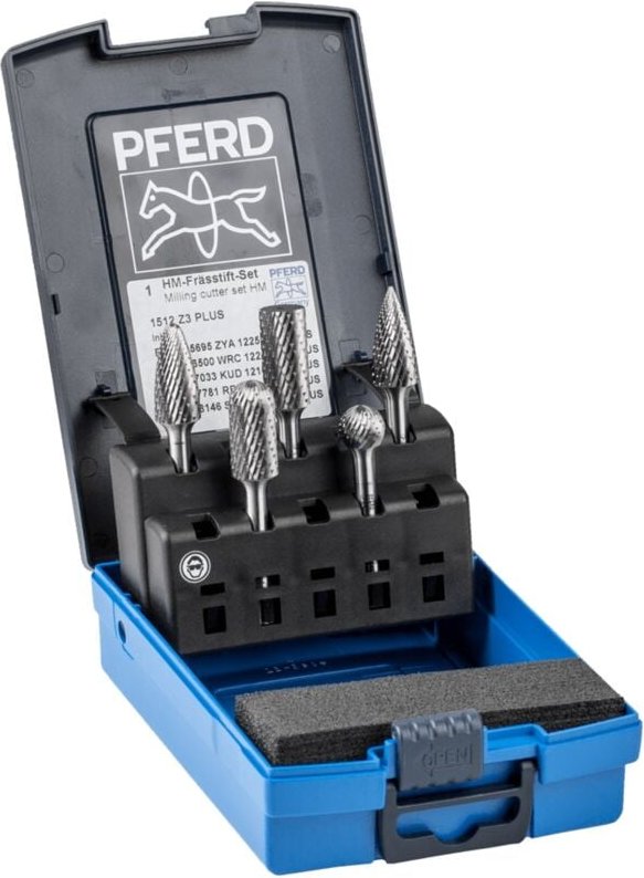 Hartmetall Frässtift Set 1512 Zahnung 3 plus 5-tlg. Schaft-Ø 6 mm univ. mittel kreuzverzahnt - Pferd