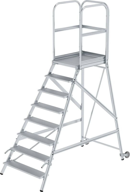 Günzburger Steigtechnik Podesttreppe einseitig begehbar mit Rollen & Griffen Aluminium geriffelt 8 Stufen - 056108