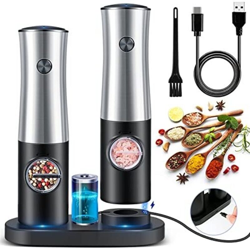 Elektrische Pfeffermühle, Salz- und Pfeffermühle mit wiederaufladbarem Sockel, weißem LED-Licht und einstellbarer Grobhe...