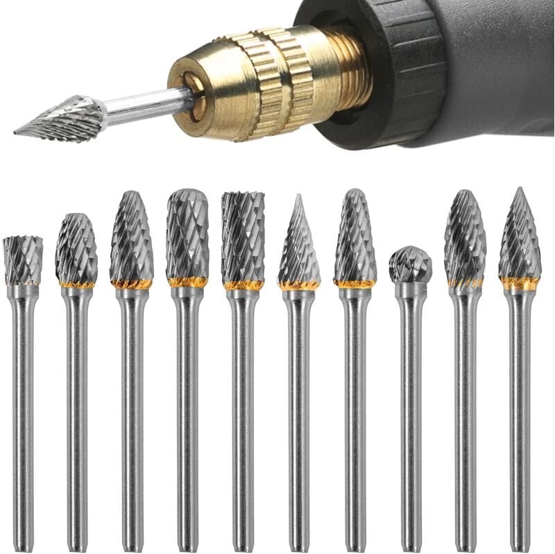 Thumbnail - Ersandy - 10-teiliges Wolframkarbid-Drehwerkzeug-Fräser-Set, verschleißfester Schaft für Metall, Holz, Polieren, Bohren,...