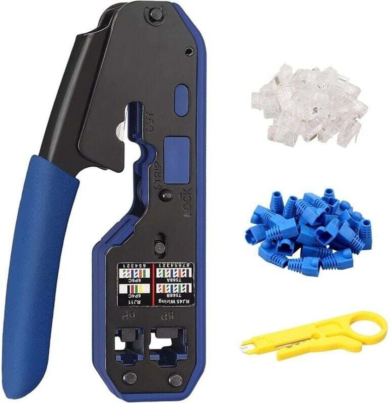 UlisemProster RJ45 Crimpzange Cat5 Cat5e Cat6 Cat6a RJ-11, 6P/RJ-12, 8P/RJ-45 mit 50 Steckern 50 Abdeckungen 1 Abisolier...
