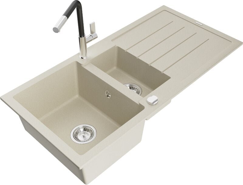 Mexen Andres 1,5-Becken-Granitspüle mit Abtropffläche und Mischbatterie Flora, Beige - 6515-69-67040