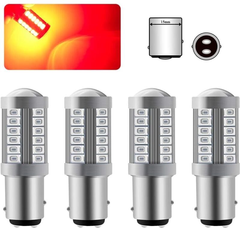 Ersandy - 4 x 1157 BAY15D LED-Glühbirne, superhelles Rot, 6000 k, 5630, 33 smd, Canbus-Bremslichtbirne, 12 v